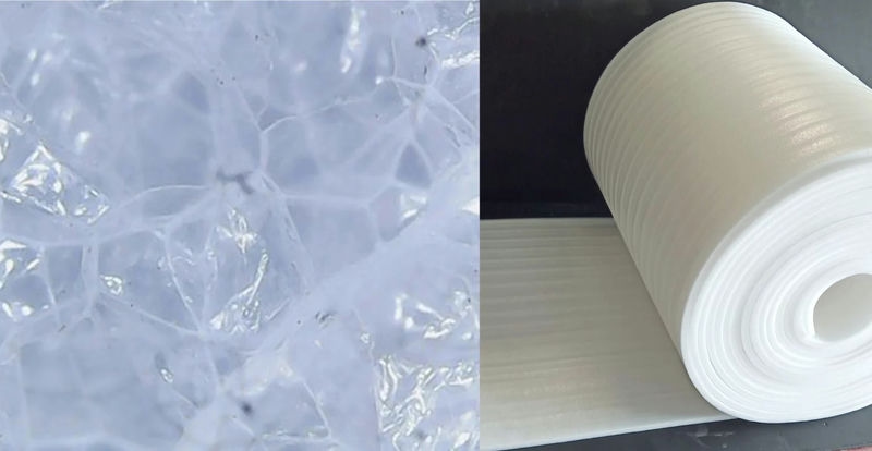 PE foam under a microscope and actual sample