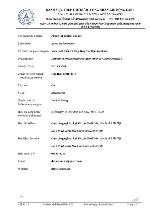 Danh mục phép thử được công nhận, mở rộng lần 1