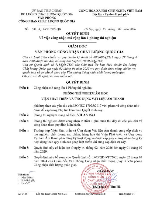 DASM được công nhận mở rộng lần 1 VILAS 1541 – nâng tầm năng lực thử nghiệm âm học theo ISO/IEC 17025